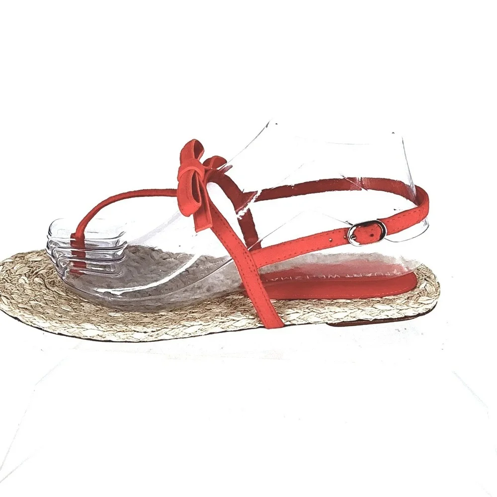 Stuart Weitzman Size 6.5‎ Orange Suede Raffia Thong Sandals NEW Espadrille Flat